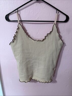 Scallop-Edge Ribbed Cropped Spaghetti Strap Tank - Cream with Dark Trim